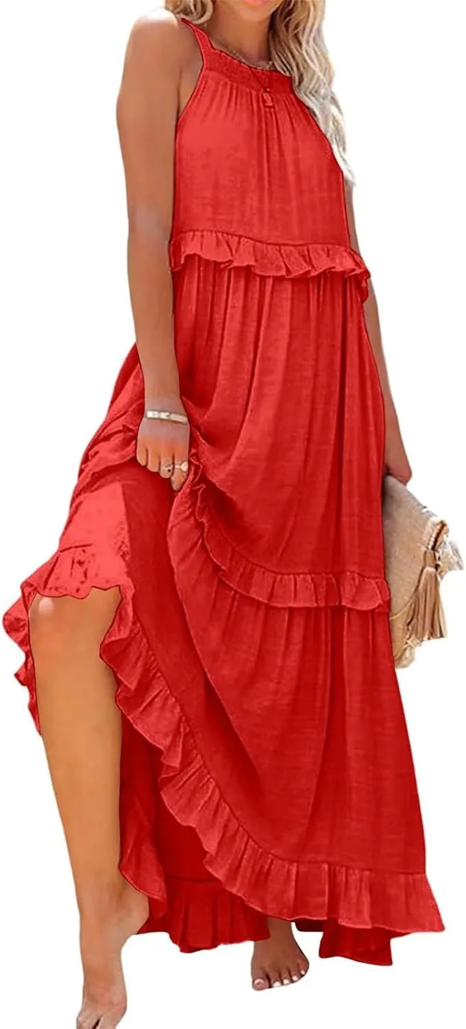 Halter Maxi Tiered Dresses for Women Summer Flowy Swing Ruffle Smocked Dress Plus Size Sundress Frocks with Pockets