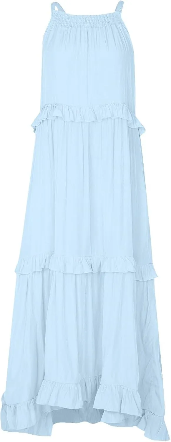 Halter Maxi Tiered Dresses for Women Summer Flowy Swing Ruffle Smocked Dress Plus Size Sundress Frocks with Pockets