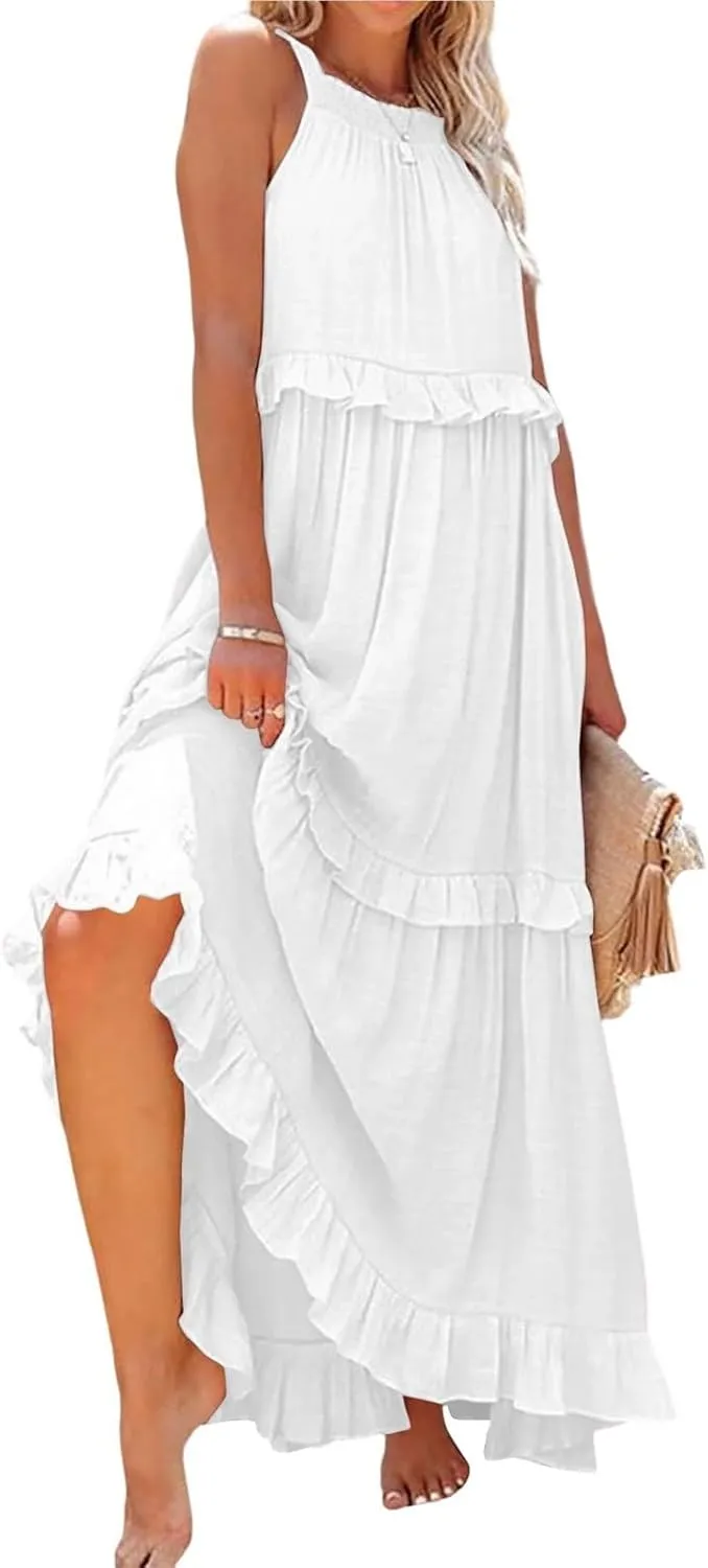 Halter Maxi Tiered Dresses for Women Summer Flowy Swing Ruffle Smocked Dress Plus Size Sundress Frocks with Pockets
