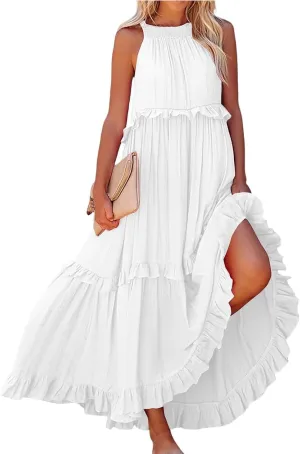 Halter Maxi Tiered Dresses for Women Summer Flowy Swing Ruffle Smocked Dress Plus Size Sundress Frocks with Pockets