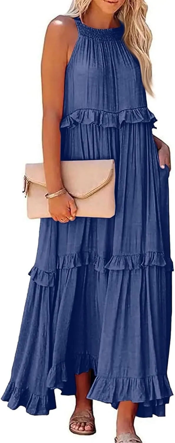 Halter Maxi Tiered Dresses for Women Summer Flowy Swing Ruffle Smocked Dress Plus Size Sundress Frocks with Pockets