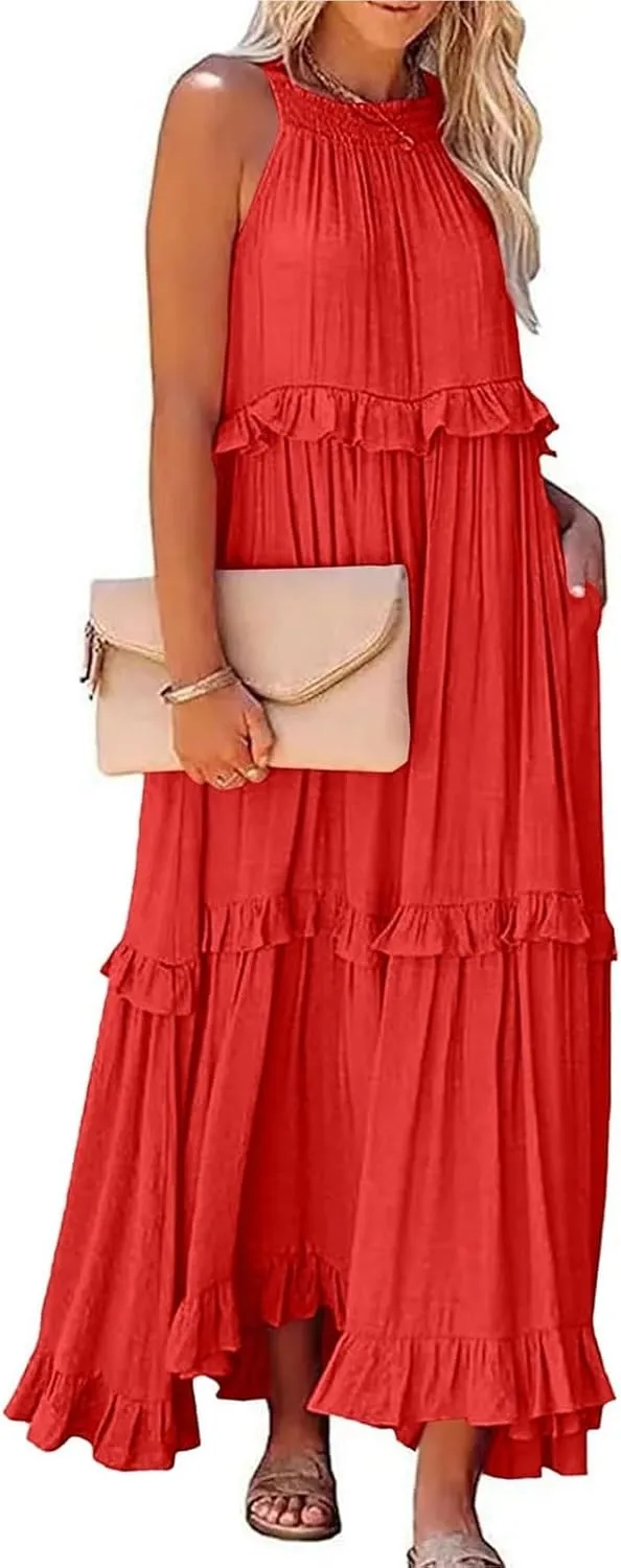Halter Maxi Tiered Dresses for Women Summer Flowy Swing Ruffle Smocked Dress Plus Size Sundress Frocks with Pockets