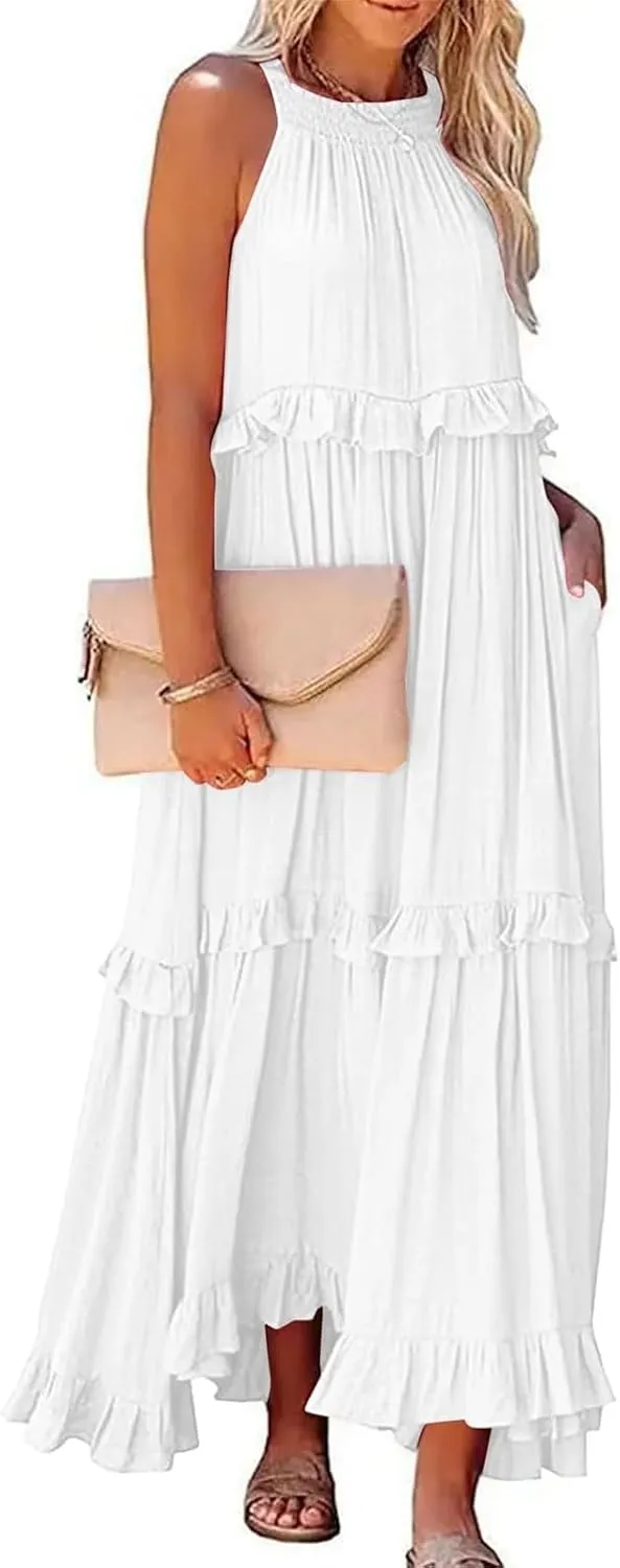 Halter Maxi Tiered Dresses for Women Summer Flowy Swing Ruffle Smocked Dress Plus Size Sundress Frocks with Pockets