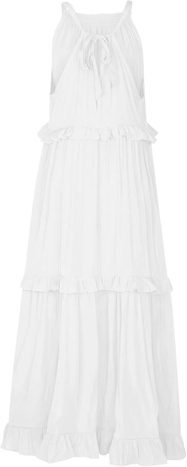 Halter Maxi Tiered Dresses for Women Summer Flowy Swing Ruffle Smocked Dress Plus Size Sundress Frocks with Pockets