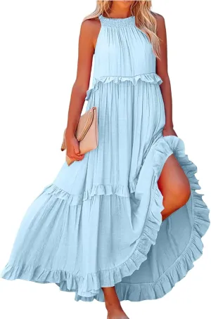 Halter Maxi Tiered Dresses for Women Summer Flowy Swing Ruffle Smocked Dress Plus Size Sundress Frocks with Pockets