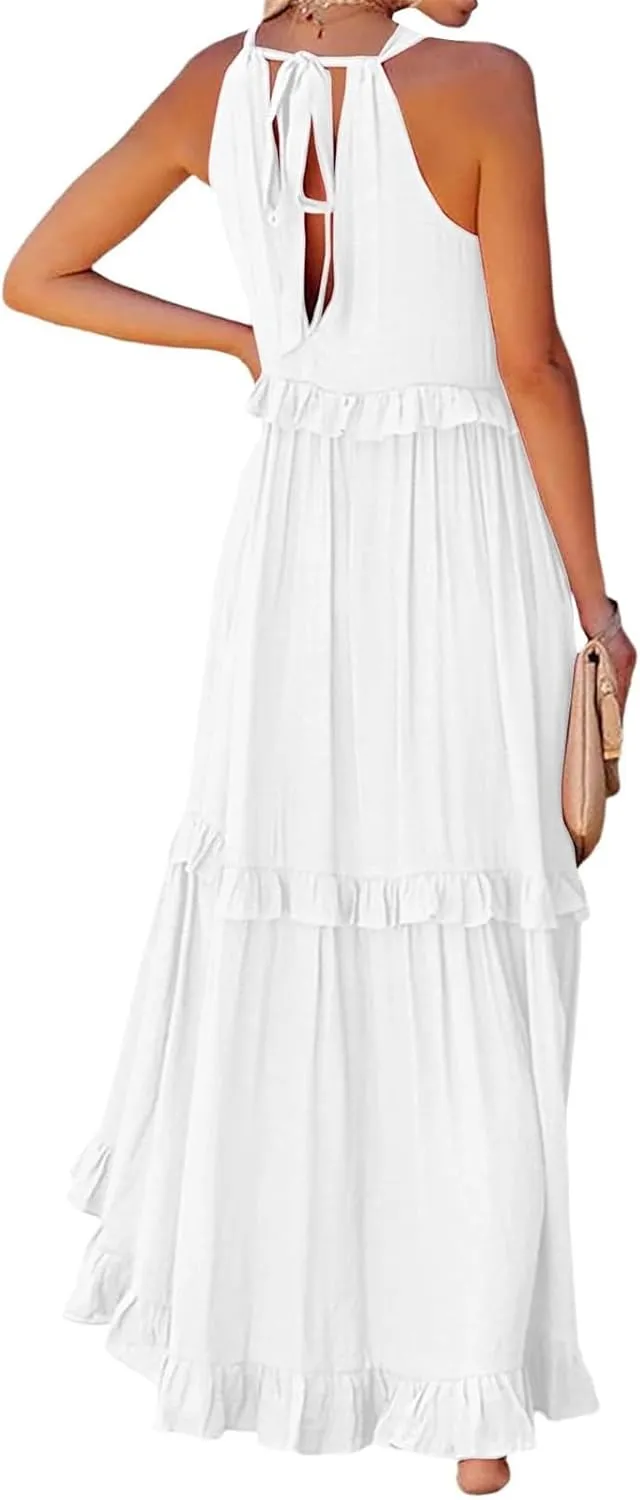 Halter Maxi Tiered Dresses for Women Summer Flowy Swing Ruffle Smocked Dress Plus Size Sundress Frocks with Pockets
