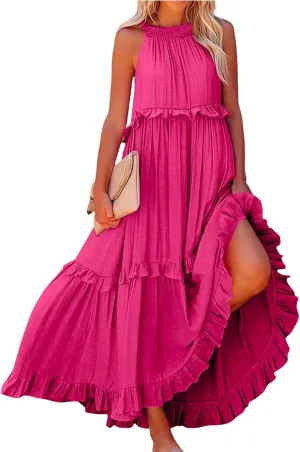 Halter Maxi Tiered Dresses for Women Summer Flowy Swing Ruffle Smocked Dress Plus Size Sundress Frocks with Pockets