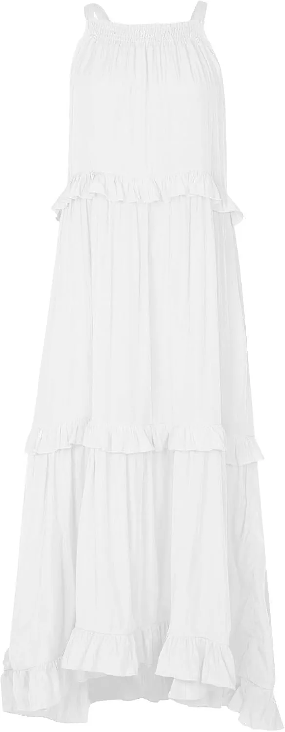 Halter Maxi Tiered Dresses for Women Summer Flowy Swing Ruffle Smocked Dress Plus Size Sundress Frocks with Pockets
