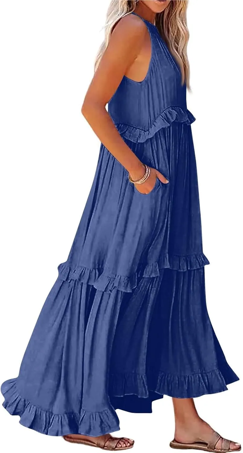 Halter Maxi Tiered Dresses for Women Summer Flowy Swing Ruffle Smocked Dress Plus Size Sundress Frocks with Pockets