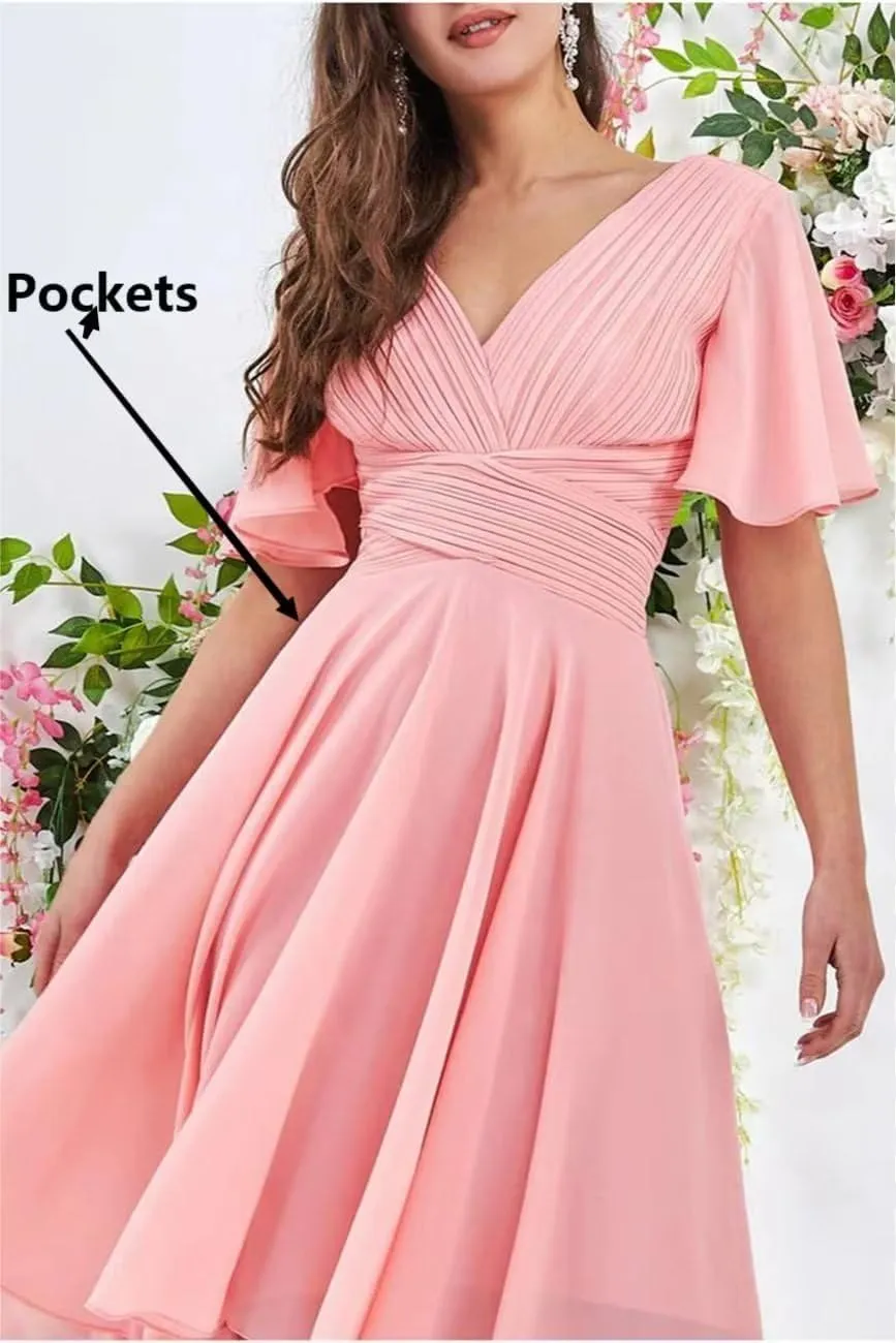High Low Bridesmaid Dresses for Wedding Short Sleeves Flutter Chiffon Formal Party Dress with Pockets