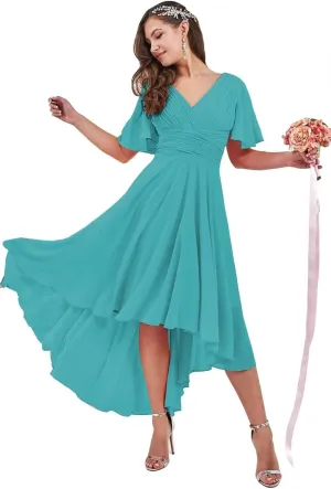 High Low Bridesmaid Dresses for Wedding Short Sleeves Flutter Chiffon Formal Party Dress with Pockets