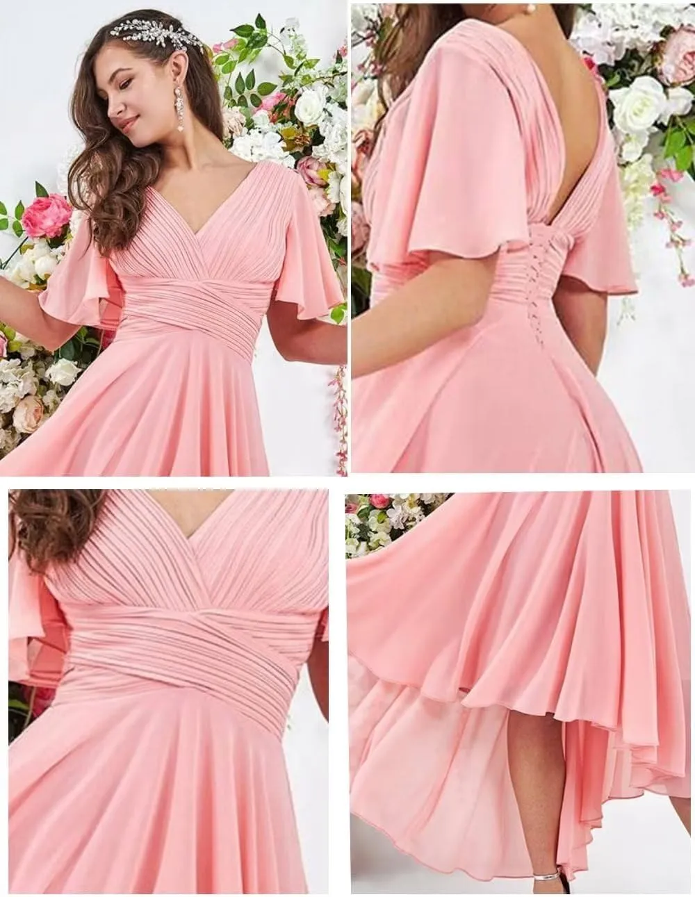 High Low Bridesmaid Dresses for Wedding Short Sleeves Flutter Chiffon Formal Party Dress with Pockets