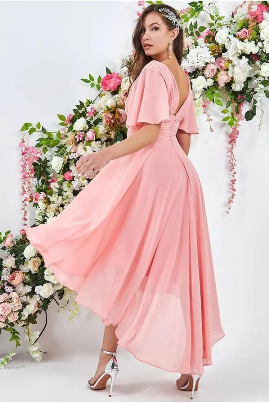 High Low Bridesmaid Dresses for Wedding Short Sleeves Flutter Chiffon Formal Party Dress with Pockets