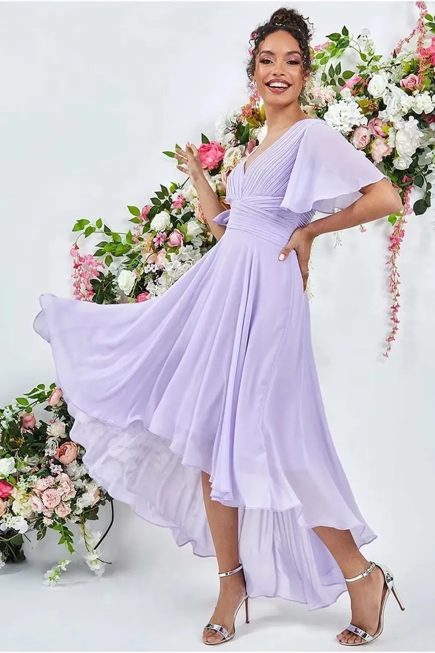 High Low Bridesmaid Dresses for Wedding Short Sleeves Flutter Chiffon Formal Party Dress with Pockets