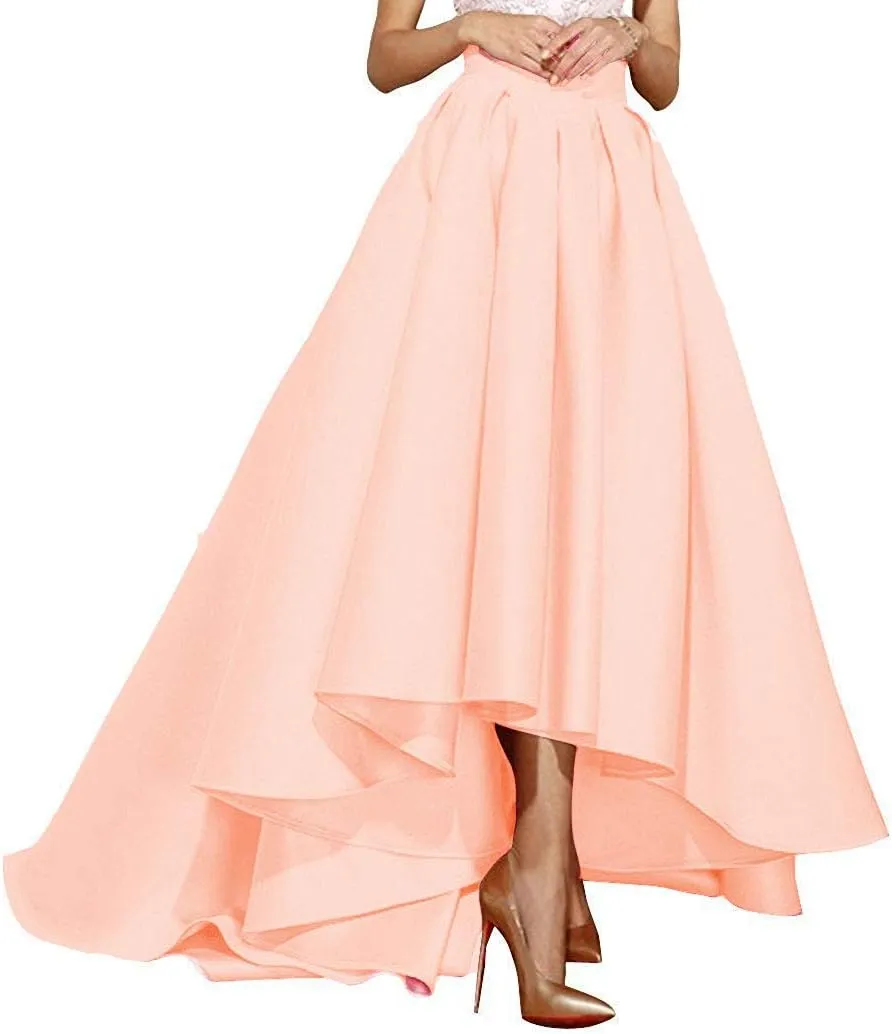 High Low Satin Skirts Pleated Maxi A Line High Waist Formal Prom Skirt Wedding Dress for Women