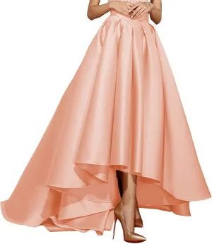 High Low Satin Skirts Pleated Maxi A Line High Waist Formal Prom Skirt Wedding Dress for Women