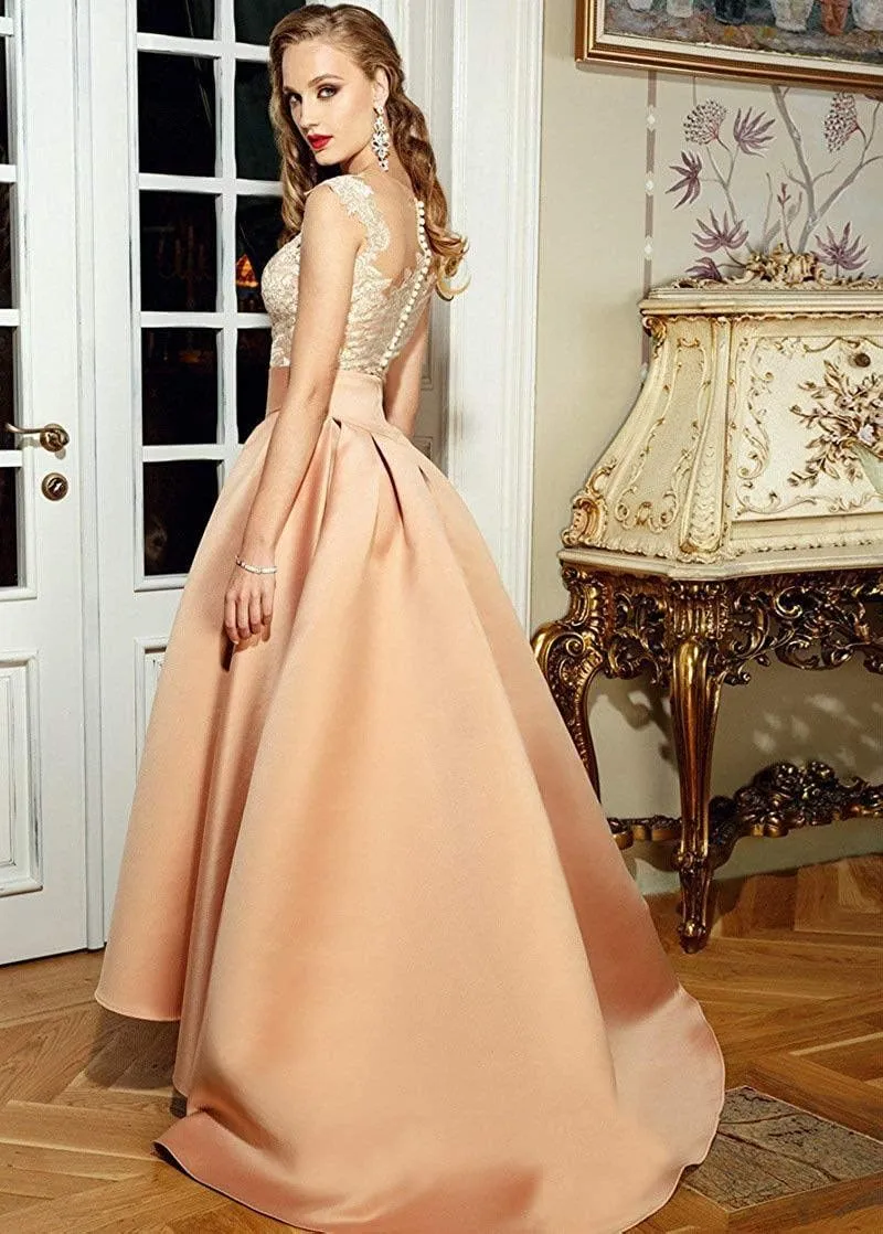 High Low Satin Skirts Pleated Maxi A Line High Waist Formal Prom Skirt Wedding Dress for Women