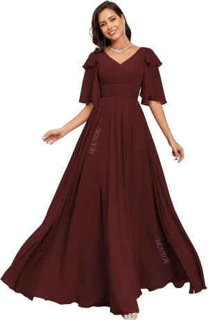 HUUTOE Flowly Chiffon Bridesmaid Dresses with Sleeves V Neck Pleated Empire Waist Long Formal Wedding Guest Dresses for Women