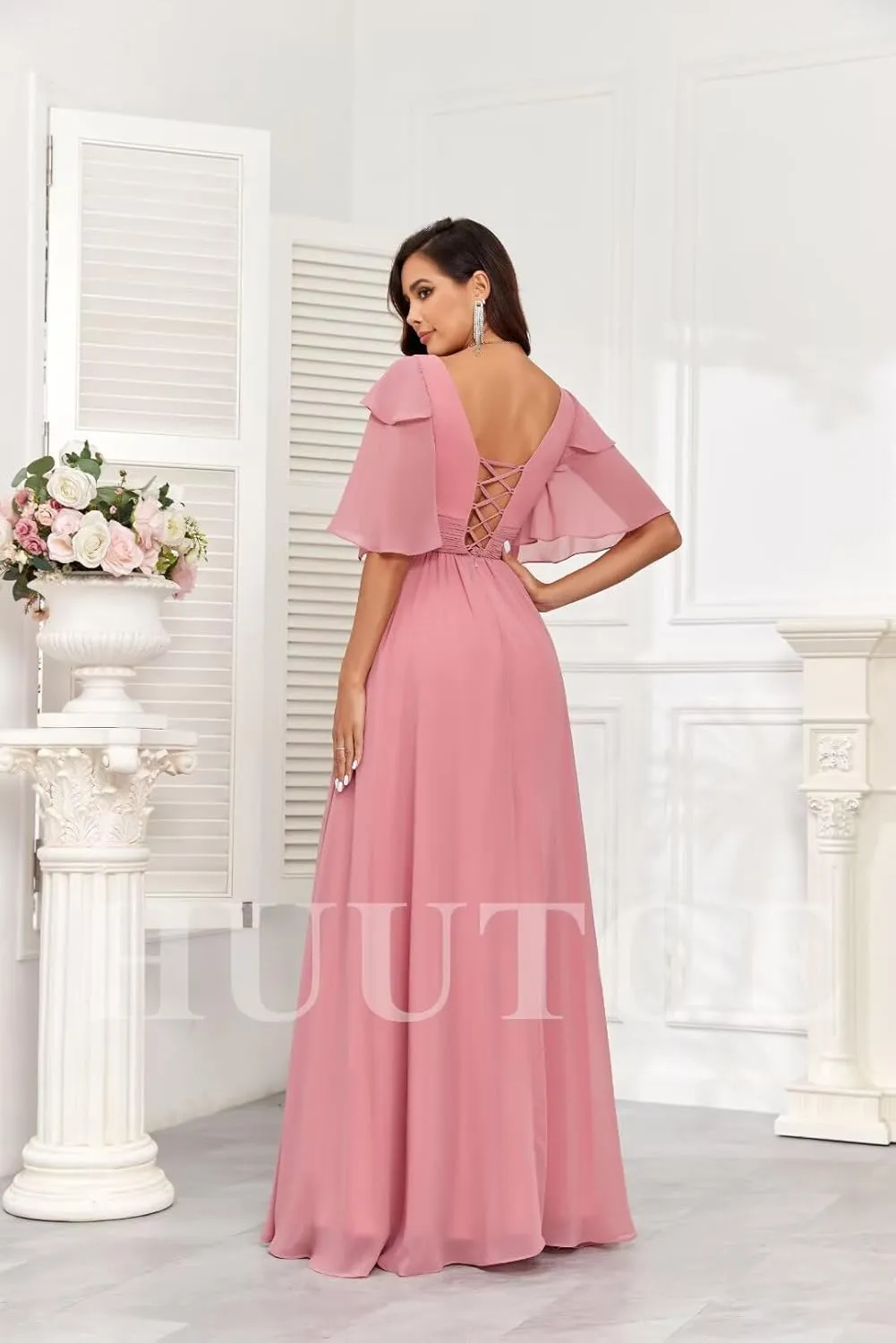 HUUTOE Flowly Chiffon Bridesmaid Dresses with Sleeves V Neck Pleated Empire Waist Long Formal Wedding Guest Dresses for Women