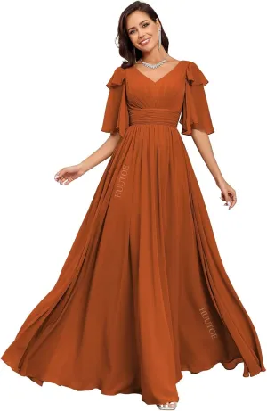HUUTOE Flowly Chiffon Bridesmaid Dresses with Sleeves V Neck Pleated Empire Waist Long Formal Wedding Guest Dresses for Women
