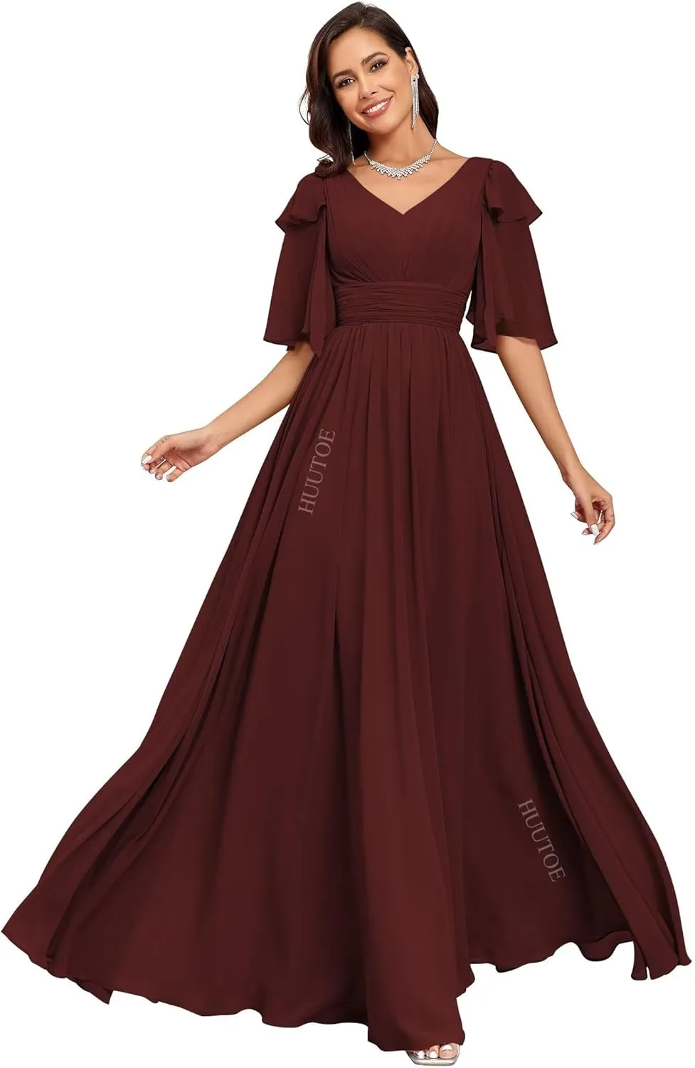 HUUTOE Flowly Chiffon Bridesmaid Dresses with Sleeves V Neck Pleated Empire Waist Long Formal Wedding Guest Dresses for Women
