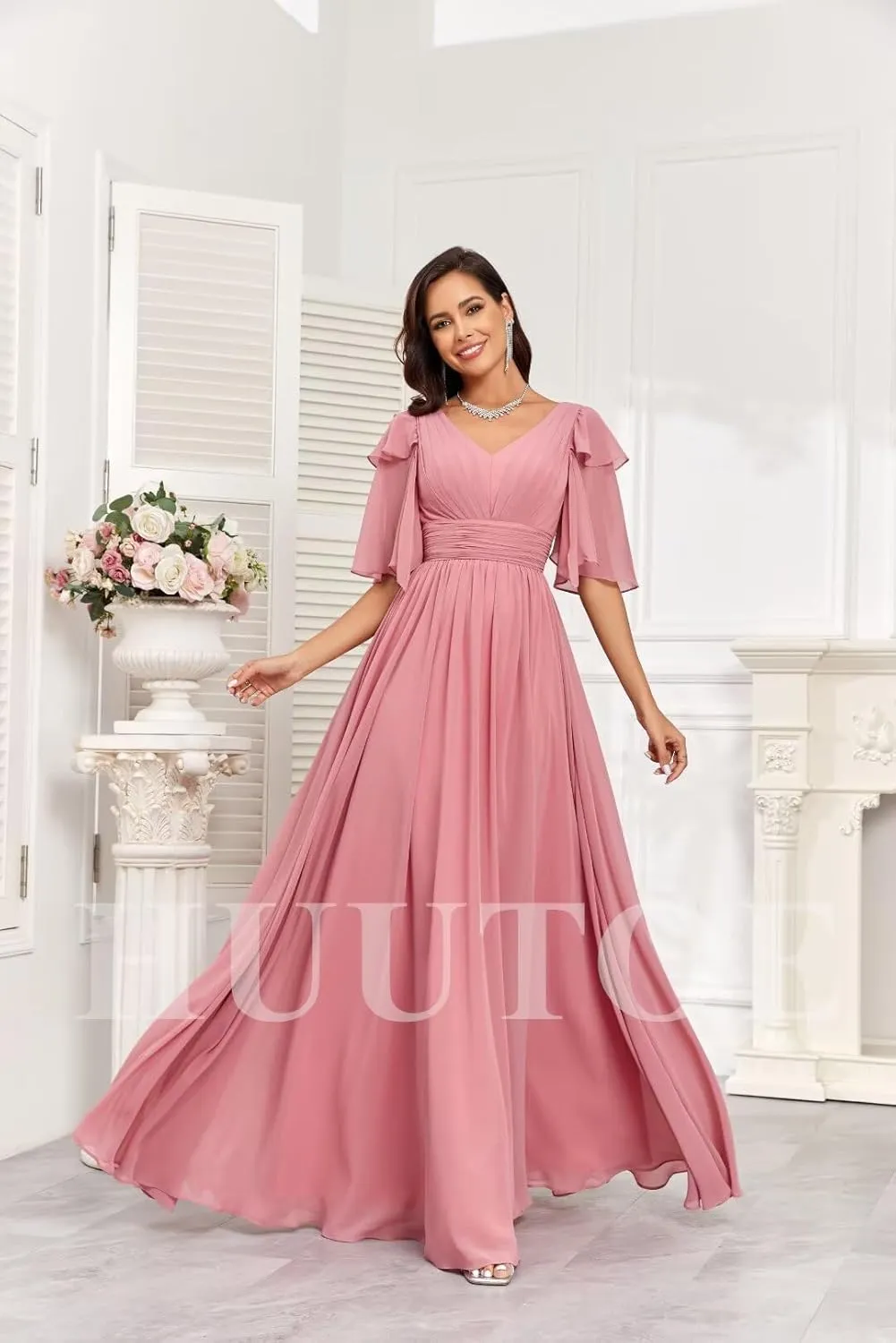 HUUTOE Flowly Chiffon Bridesmaid Dresses with Sleeves V Neck Pleated Empire Waist Long Formal Wedding Guest Dresses for Women