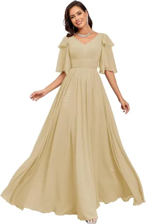 HUUTOE Flowly Chiffon Bridesmaid Dresses with Sleeves V Neck Pleated Empire Waist Long Formal Wedding Guest Dresses for Women