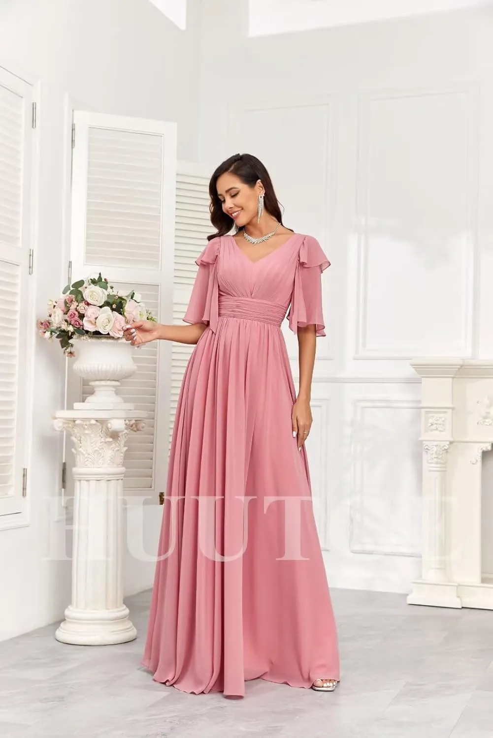 HUUTOE Flowly Chiffon Bridesmaid Dresses with Sleeves V Neck Pleated Empire Waist Long Formal Wedding Guest Dresses for Women