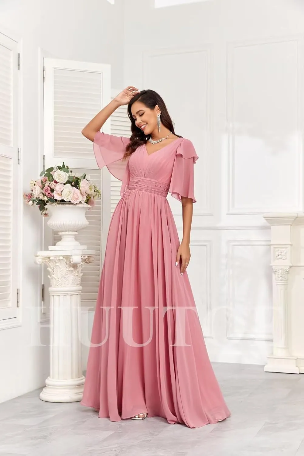 HUUTOE Flowly Chiffon Bridesmaid Dresses with Sleeves V Neck Pleated Empire Waist Long Formal Wedding Guest Dresses for Women