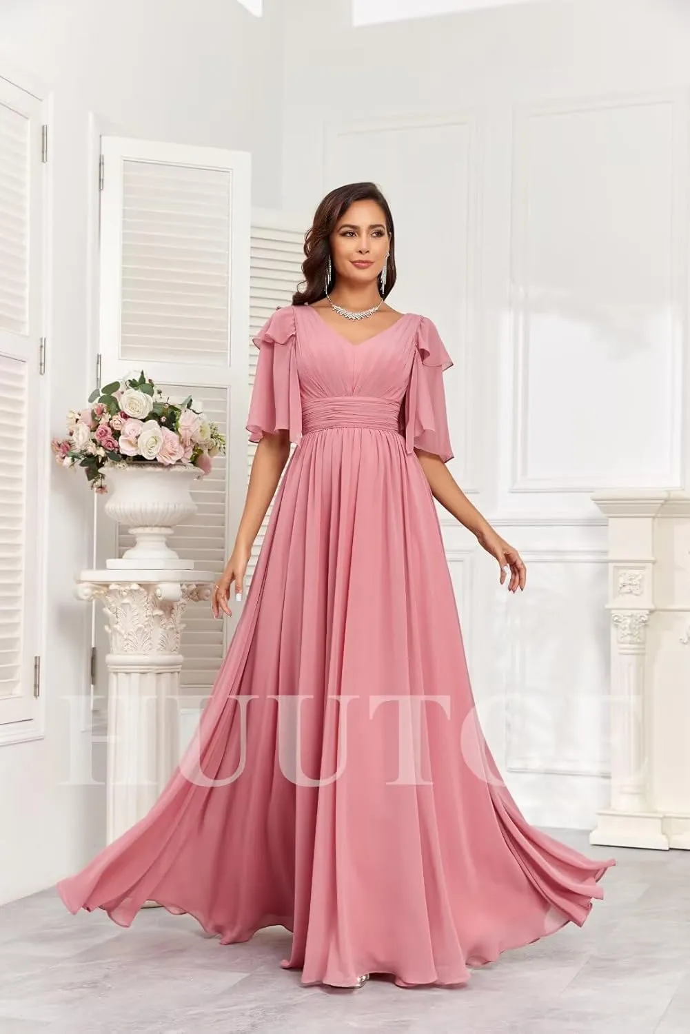 HUUTOE Flowly Chiffon Bridesmaid Dresses with Sleeves V Neck Pleated Empire Waist Long Formal Wedding Guest Dresses for Women