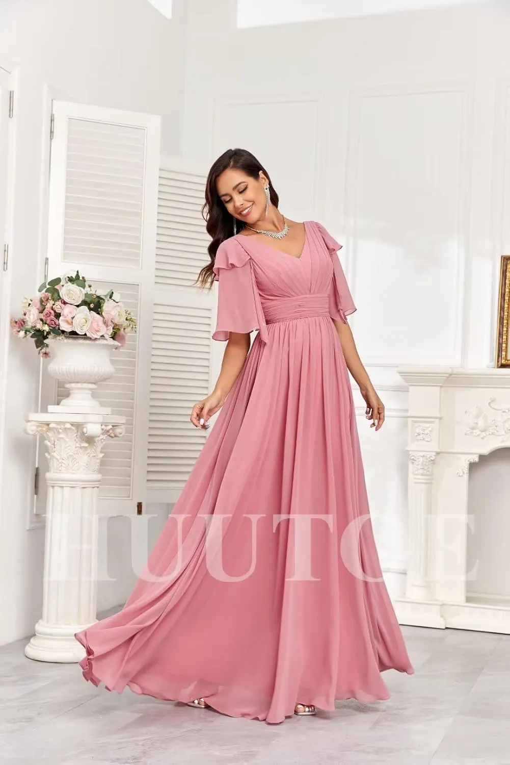 HUUTOE Flowly Chiffon Bridesmaid Dresses with Sleeves V Neck Pleated Empire Waist Long Formal Wedding Guest Dresses for Women