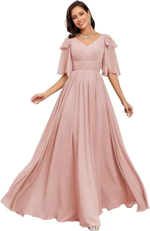 HUUTOE Flowly Chiffon Bridesmaid Dresses with Sleeves V Neck Pleated Empire Waist Long Formal Wedding Guest Dresses for Women