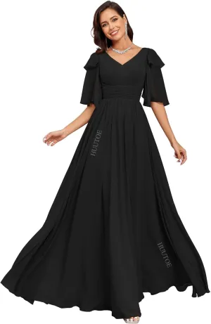 HUUTOE Flowly Chiffon Bridesmaid Dresses with Sleeves V Neck Pleated Empire Waist Long Formal Wedding Guest Dresses for Women