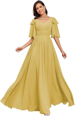 HUUTOE Flowly Chiffon Bridesmaid Dresses with Sleeves V Neck Pleated Empire Waist Long Formal Wedding Guest Dresses for Women