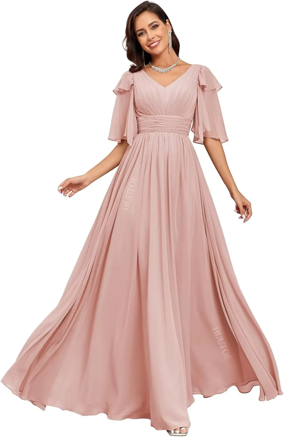 HUUTOE Flowly Chiffon Bridesmaid Dresses with Sleeves V Neck Pleated Empire Waist Long Formal Wedding Guest Dresses for Women