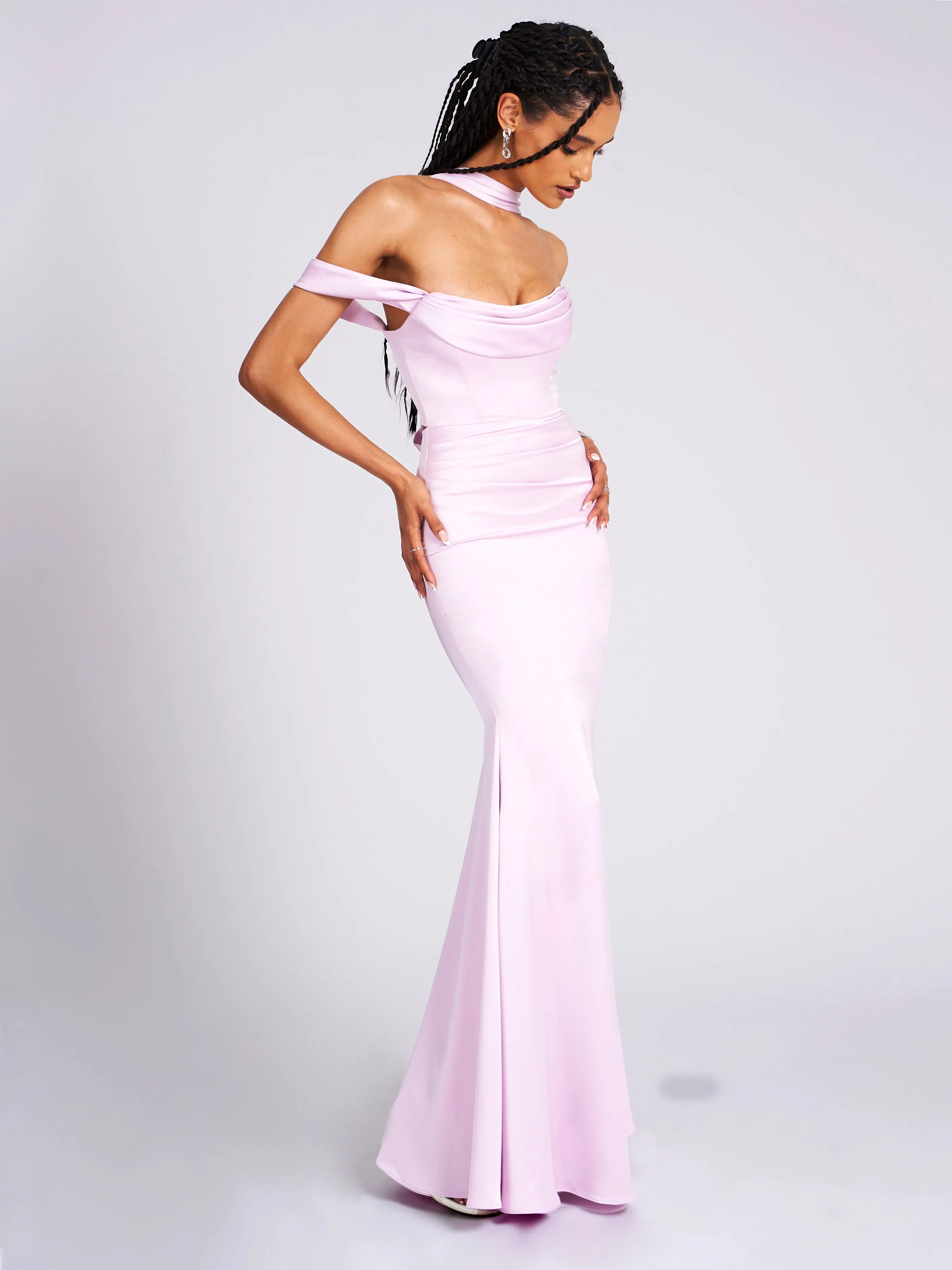 Ivona Mauve Halter Neck Graceful Double Duchess Satin Gown