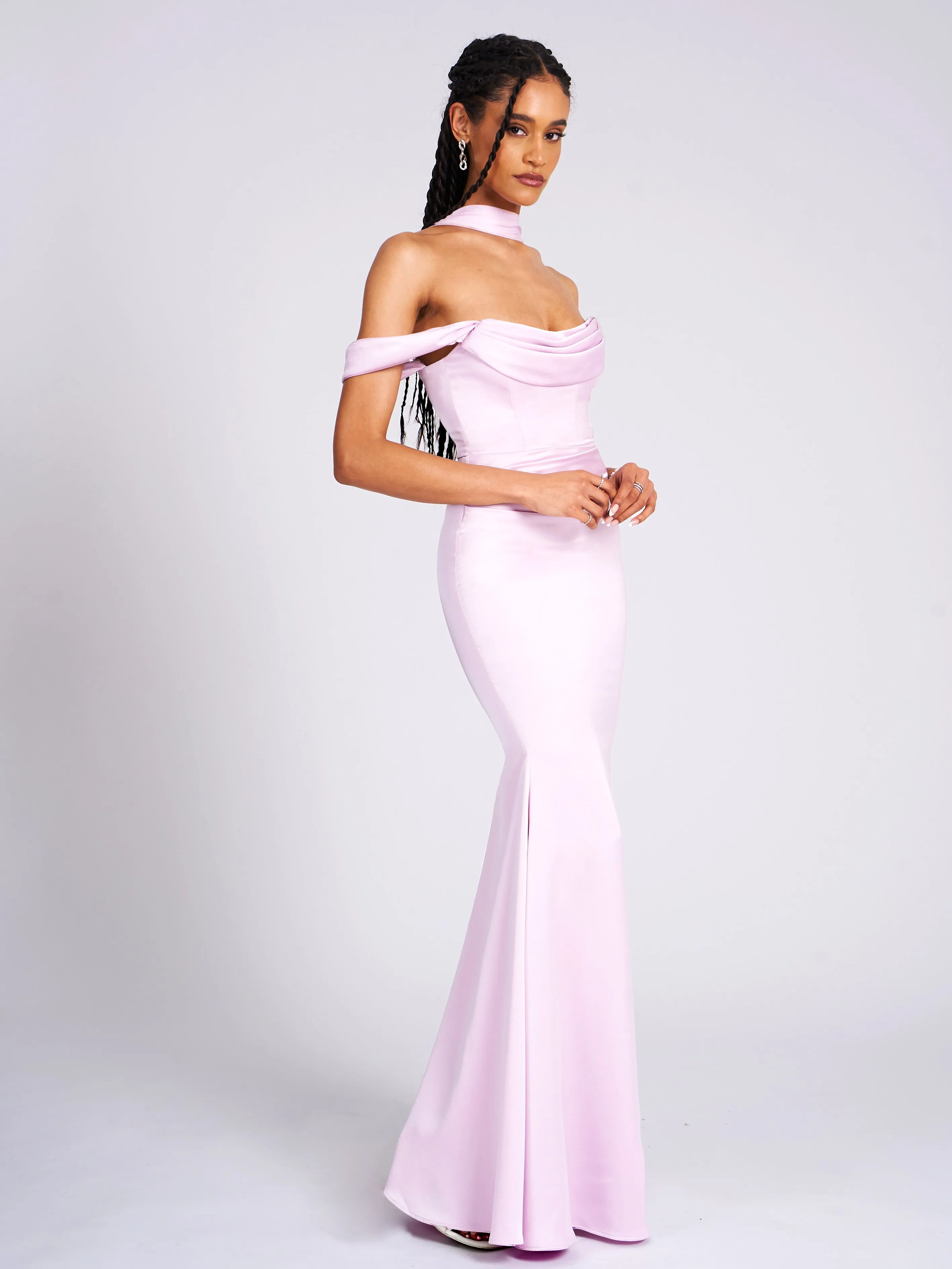Ivona Mauve Halter Neck Graceful Double Duchess Satin Gown