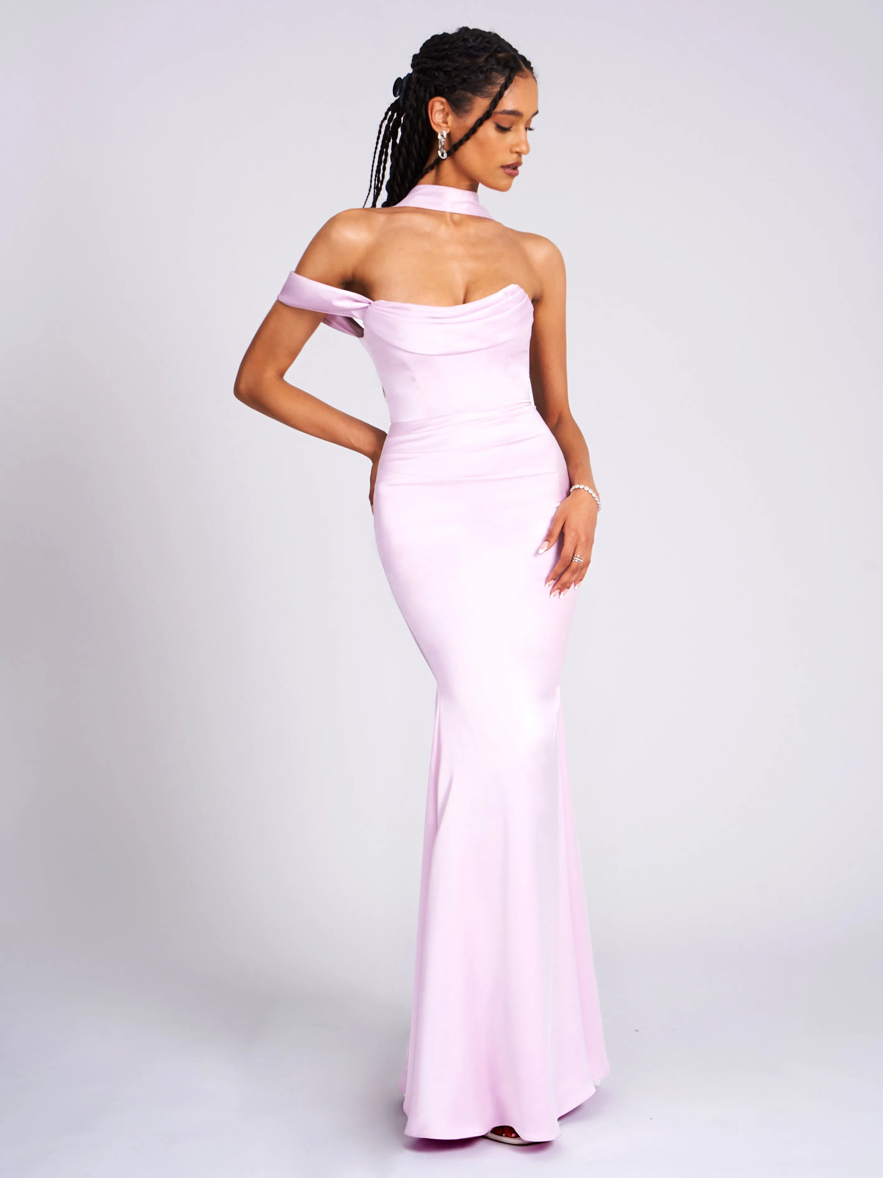 Ivona Mauve Halter Neck Graceful Double Duchess Satin Gown