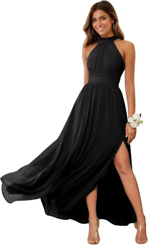 Jamille Halter Bridesmaid Dresses with Slit Chiffon Formal A Line Evening Gown for Women Long 2025 Flowy JA0095