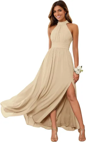 Jamille Halter Bridesmaid Dresses with Slit Chiffon Formal A Line Evening Gown for Women Long 2025 Flowy JA0095