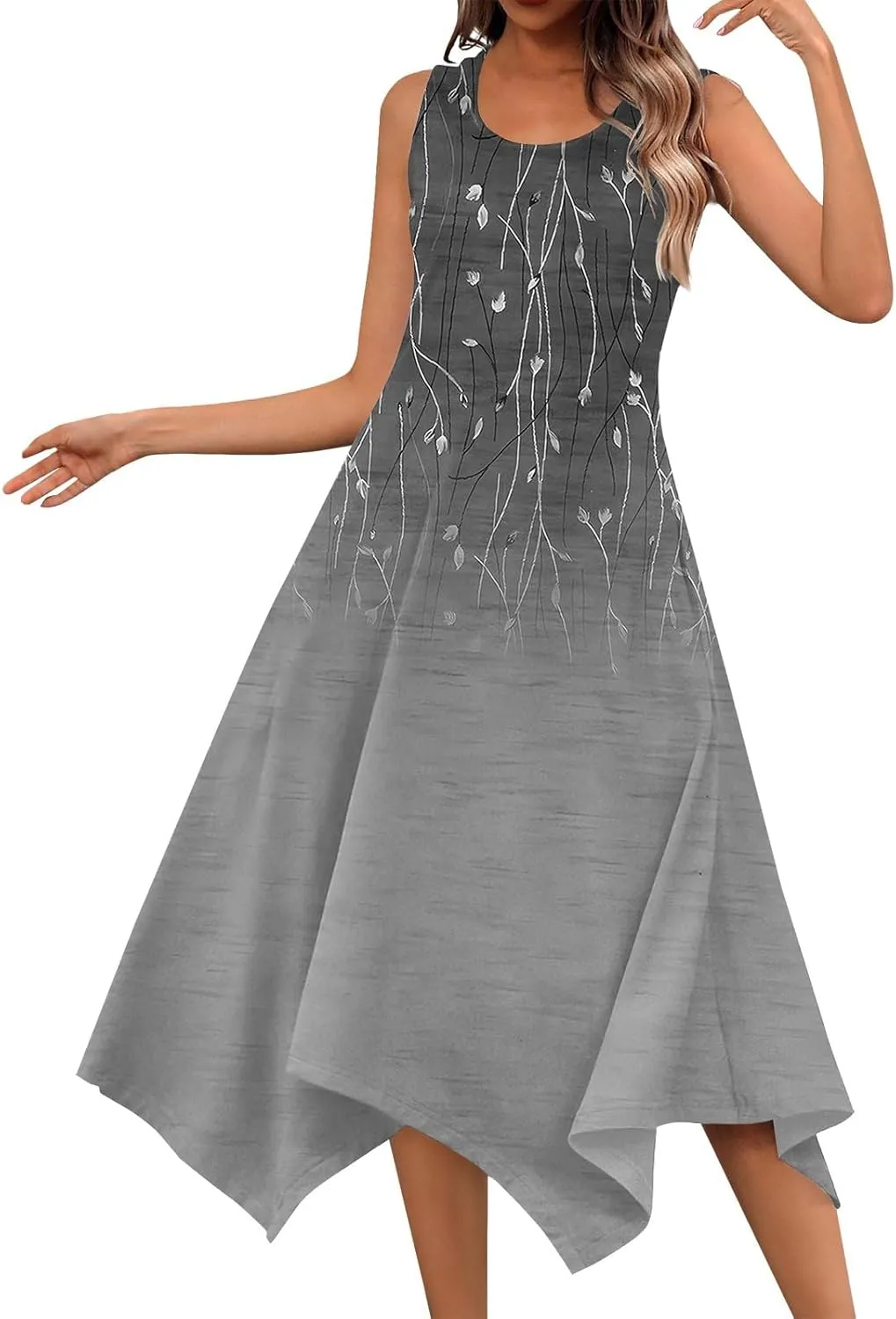 JJHAEVDY Summer Dresses for Women 2025 Round Neck Sleeveless Casual Dress Print Irregular Hem Midi Dresses Tank Daily Dresses