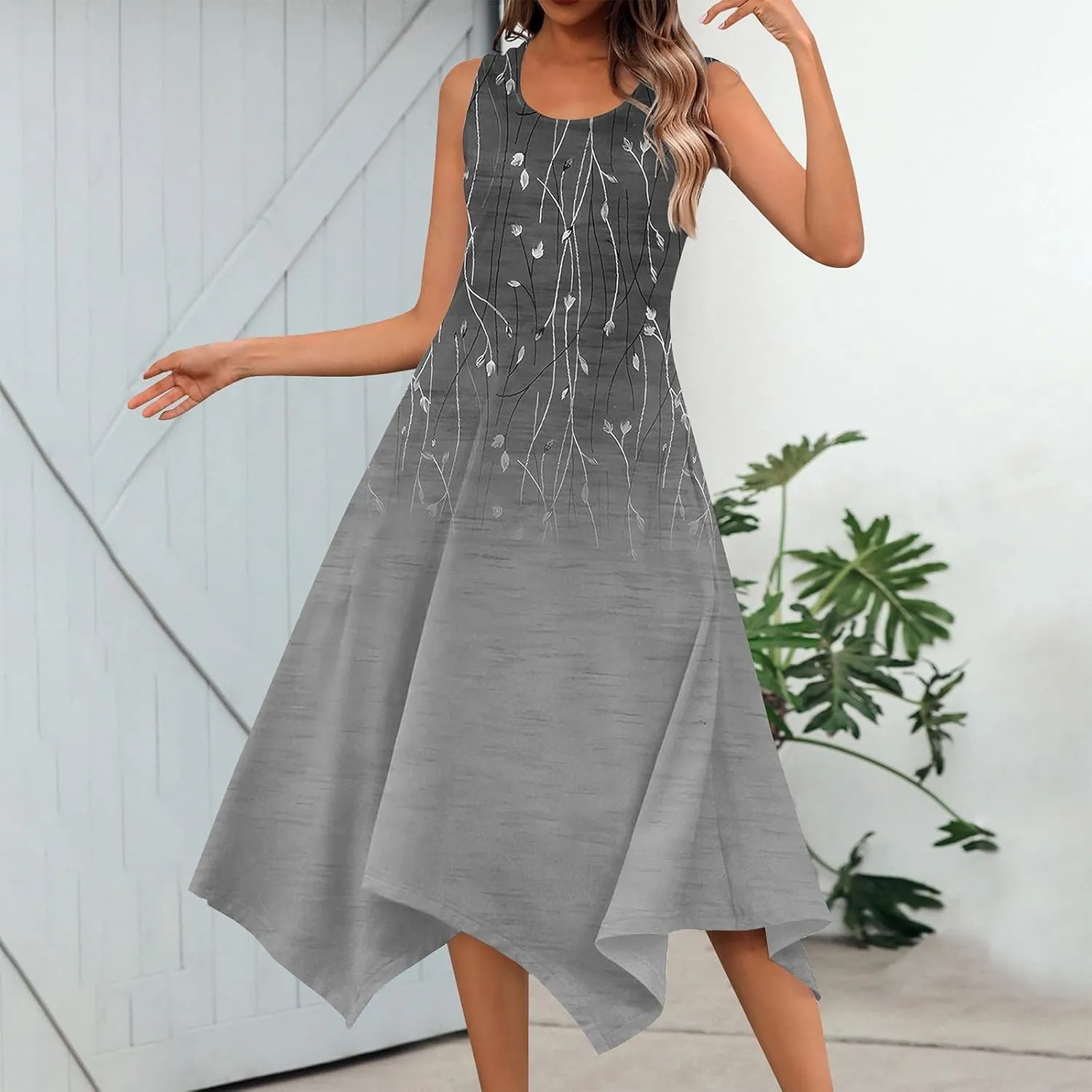 JJHAEVDY Summer Dresses for Women 2025 Round Neck Sleeveless Casual Dress Print Irregular Hem Midi Dresses Tank Daily Dresses