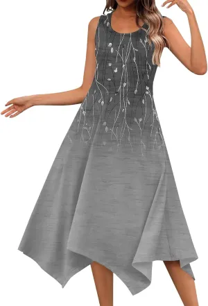 JJHAEVDY Summer Dresses for Women 2025 Round Neck Sleeveless Casual Dress Print Irregular Hem Midi Dresses Tank Daily Dresses