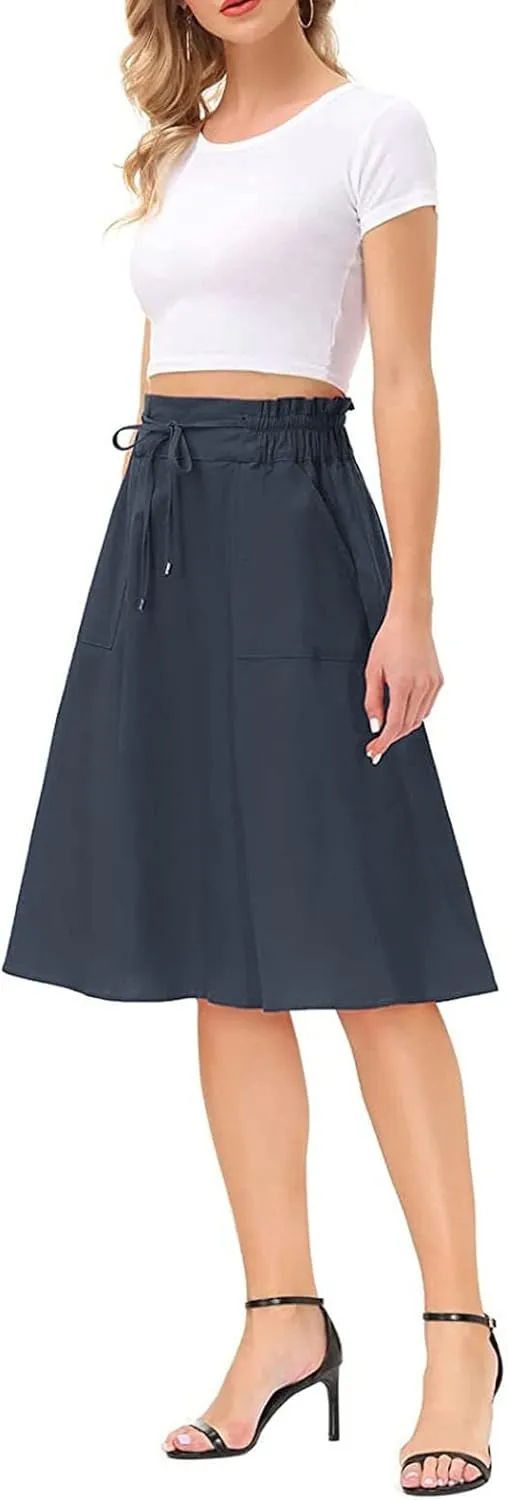 Knee Length Skirts for Women Summer Casual Flowy Drawstring Elastic Waist Pleated A-Line Midi Skirt with Pockets