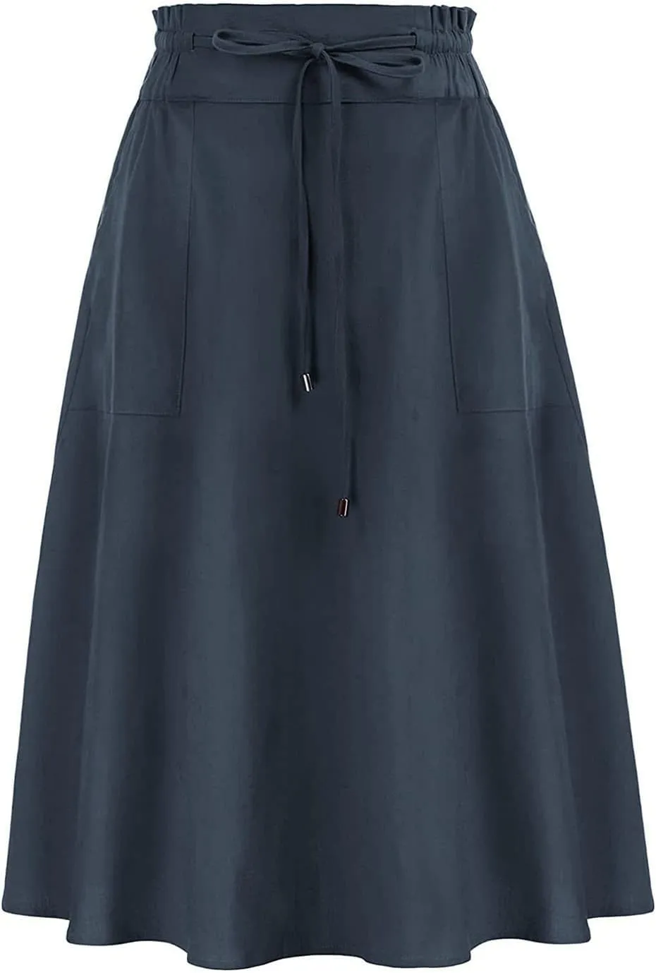 Knee Length Skirts for Women Summer Casual Flowy Drawstring Elastic Waist Pleated A-Line Midi Skirt with Pockets