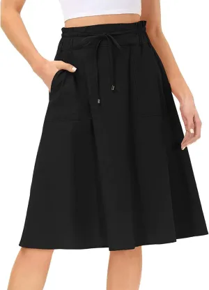 Knee Length Skirts for Women Summer Casual Flowy Drawstring Elastic Waist Pleated A-Line Midi Skirt with Pockets