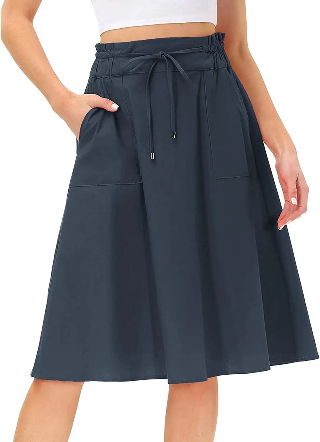 Knee Length Skirts for Women Summer Casual Flowy Drawstring Elastic Waist Pleated A-Line Midi Skirt with Pockets
