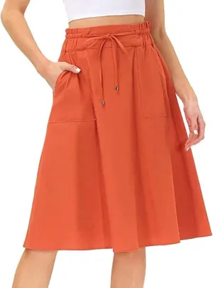 Knee Length Skirts for Women Summer Casual Flowy Drawstring Elastic Waist Pleated A-Line Midi Skirt with Pockets