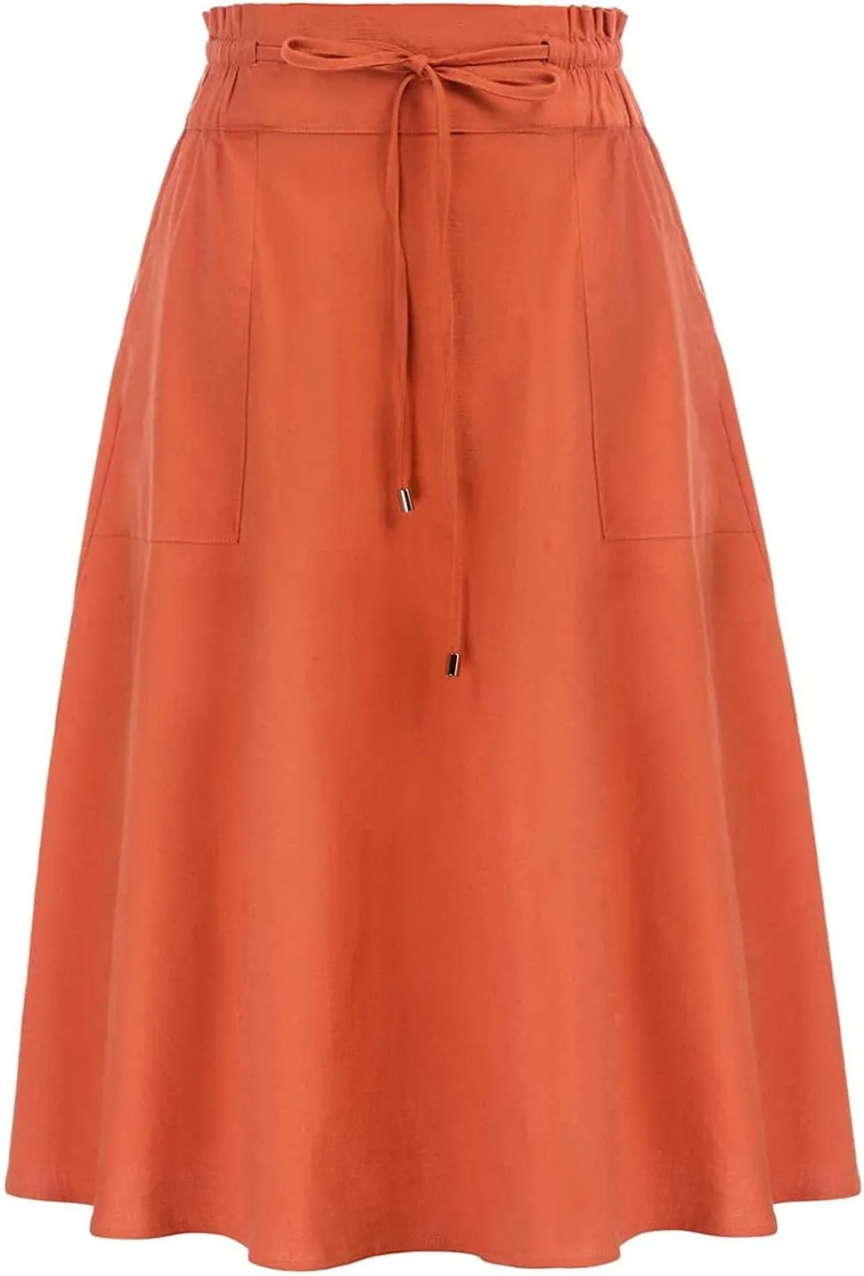 Knee Length Skirts for Women Summer Casual Flowy Drawstring Elastic Waist Pleated A-Line Midi Skirt with Pockets