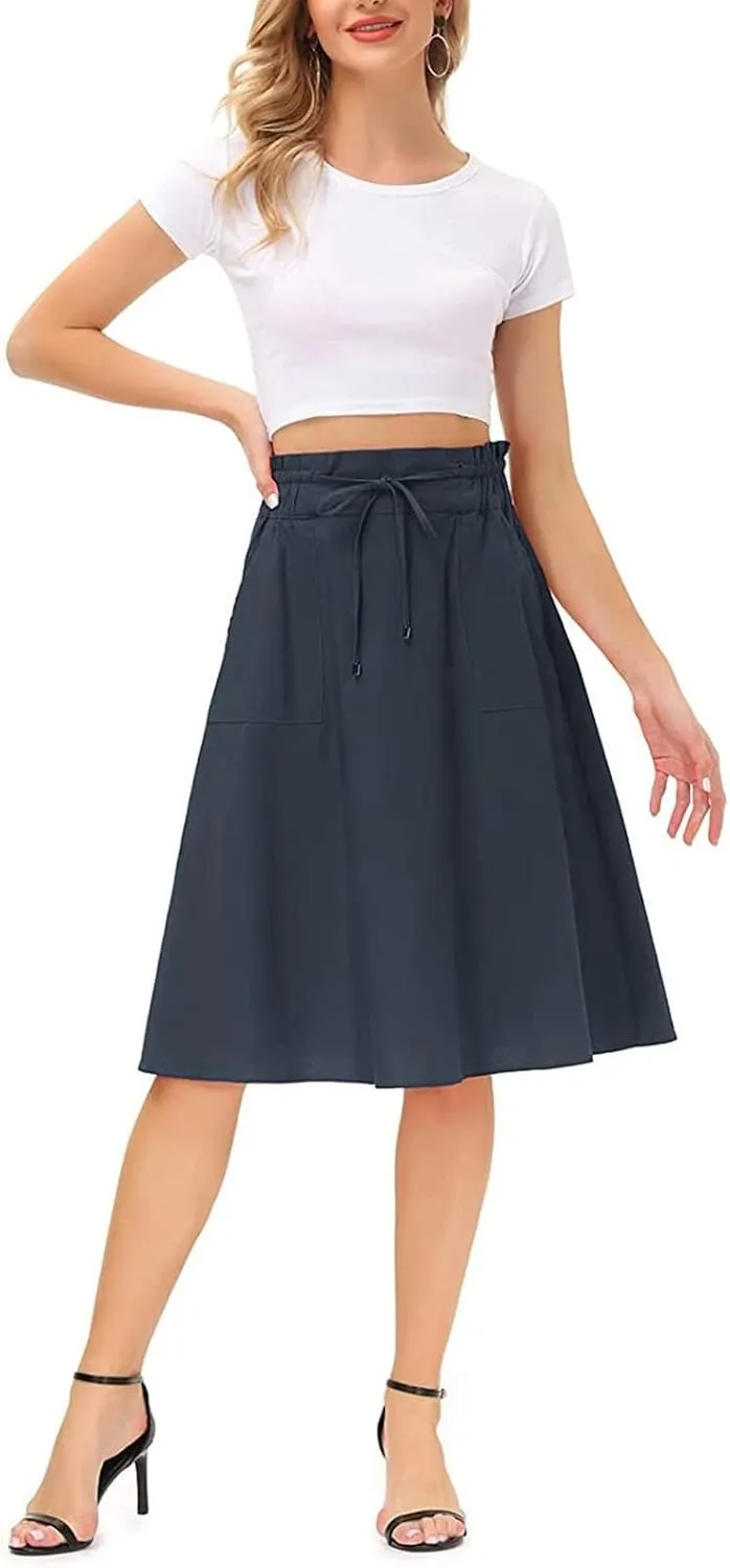 Knee Length Skirts for Women Summer Casual Flowy Drawstring Elastic Waist Pleated A-Line Midi Skirt with Pockets